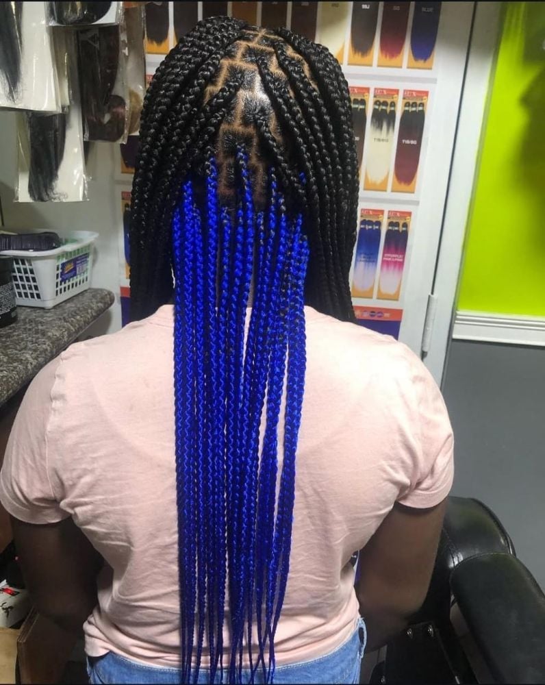 Mid-Back Black Box Braids With Vibrant Blue Extensions, Straight — Classy Peekaboo Braids