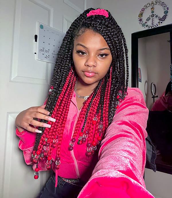 Mid-Back Black Box Braids With Red Strands and Beads, Close-Up Take — Classy Peekaboo Braids