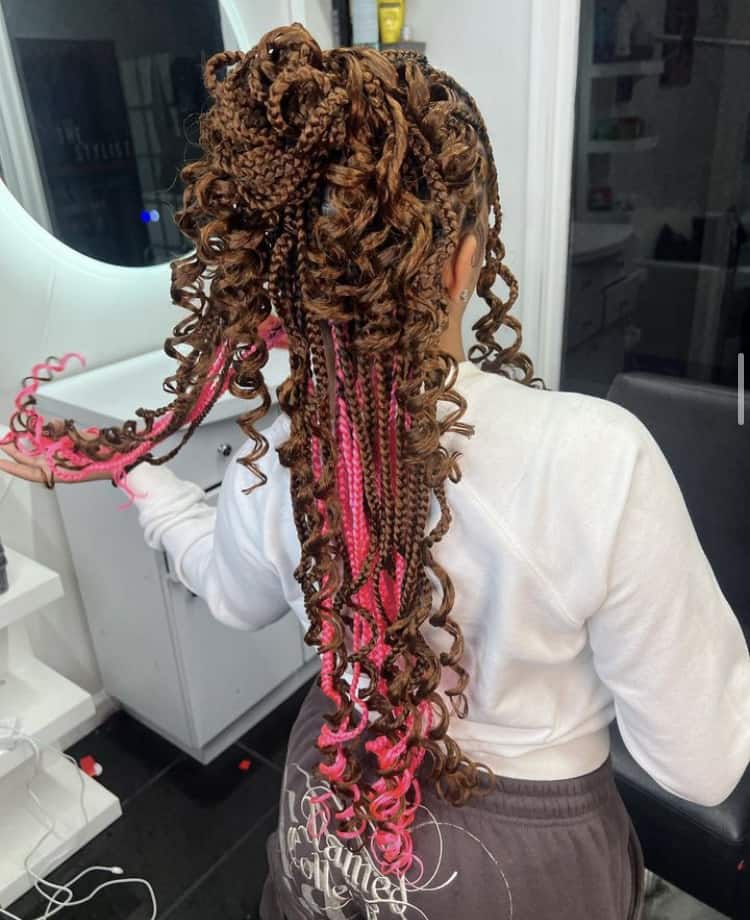 Mid-Back Brown Box Braids With Pink Highlights and Curls — Classy Peekaboo Braids