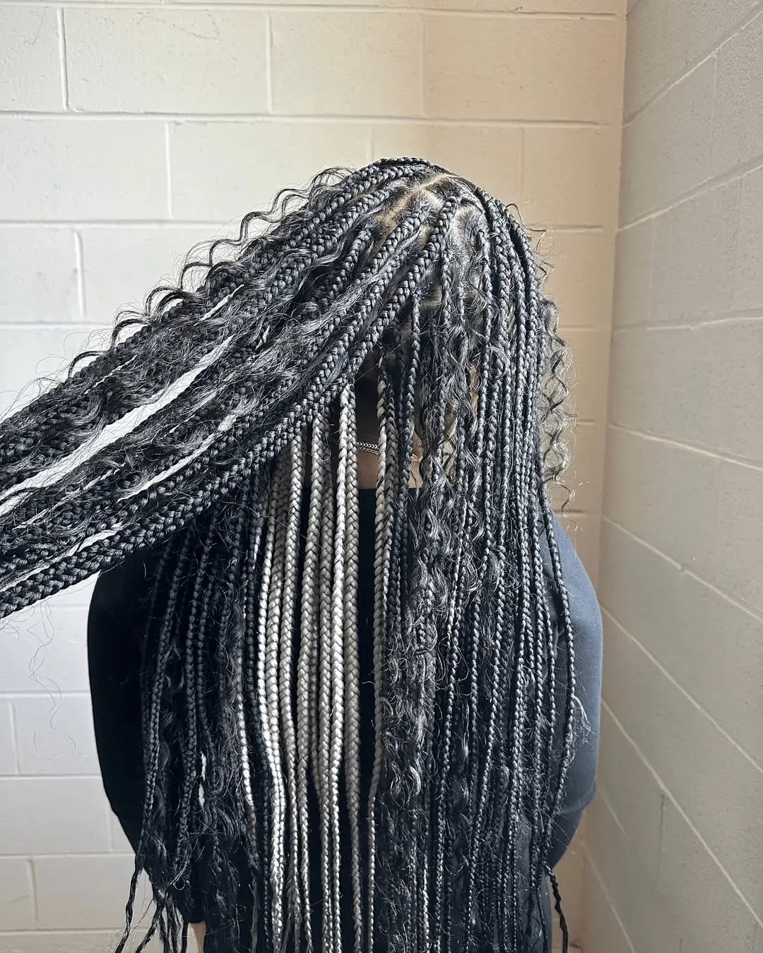 Mid-Back Box Braids With Gray and White Accents — Classy Peekaboo Braids