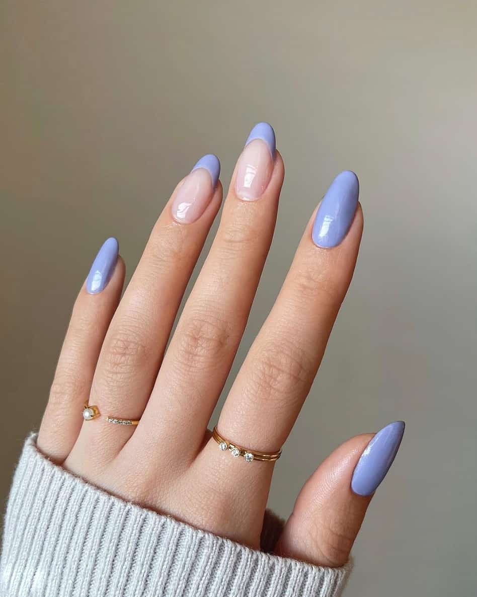 Periwinkle Tip French Long Almond Nails, Glossy Periwinkle Tip French Long Almond Nails, Glossy — Classy Periwinkle Nails