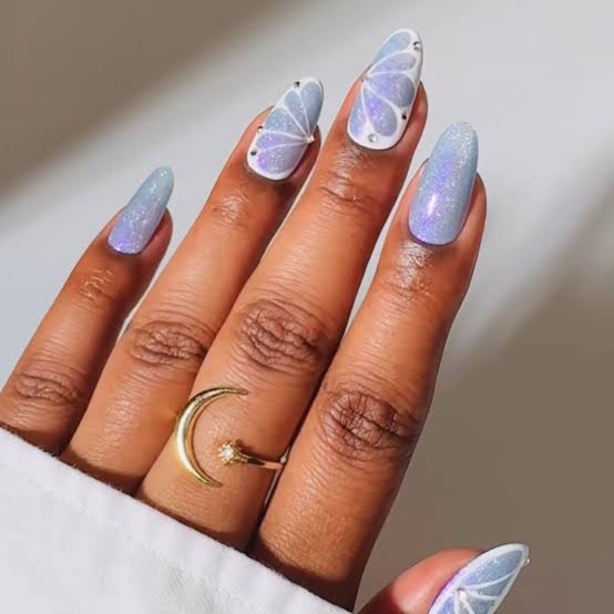 Periwinkle Butterfly Wing Decal Long Almond Nails Periwinkle Butterfly Wing Decal Long Almond Nails — Classy Periwinkle Nails