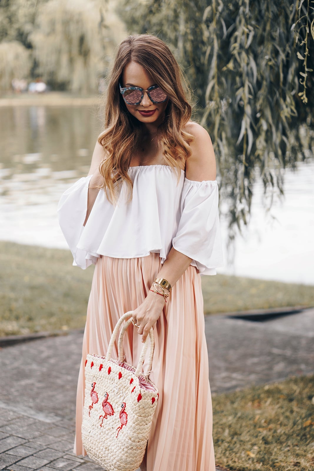 Pleated Midi Skirt With Off-Shoulder Blouse and Flat Sandals Pleated Midi Skirt With Off-Shoulder Blouse and Flat Sandals — Classy Picnic Outfit