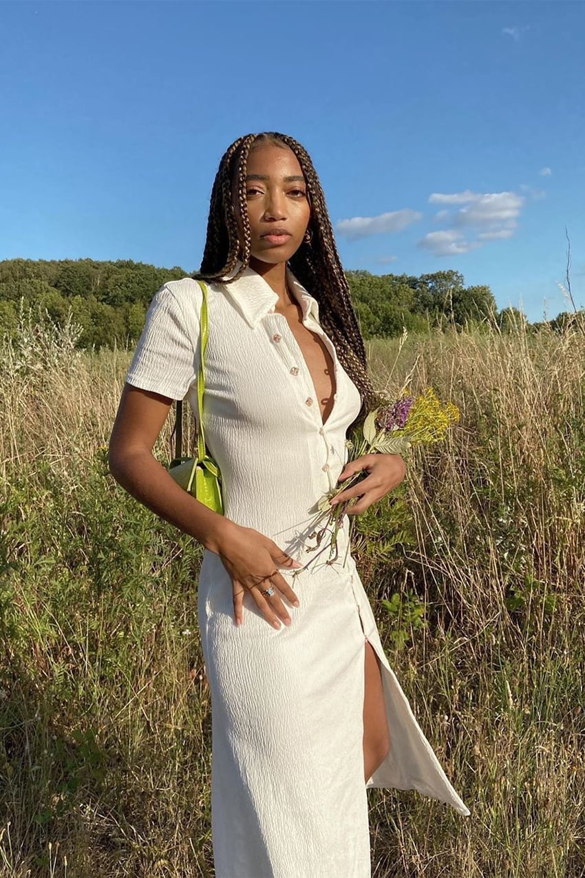 Textured Collared Midi Dress With High Slit Textured Collared Midi Dress With High Slit — Classy Picnic Outfit