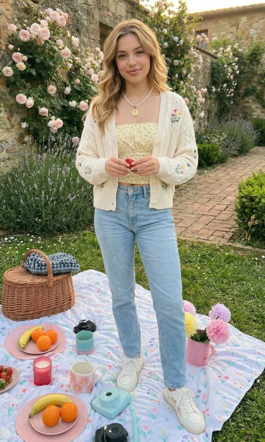 Embroidered Cardigan Over Floral Tube Top, Office-Safe Version Embroidered Cardigan Over Floral Tube Top, Office-Safe Version — Classy Picnic Outfit