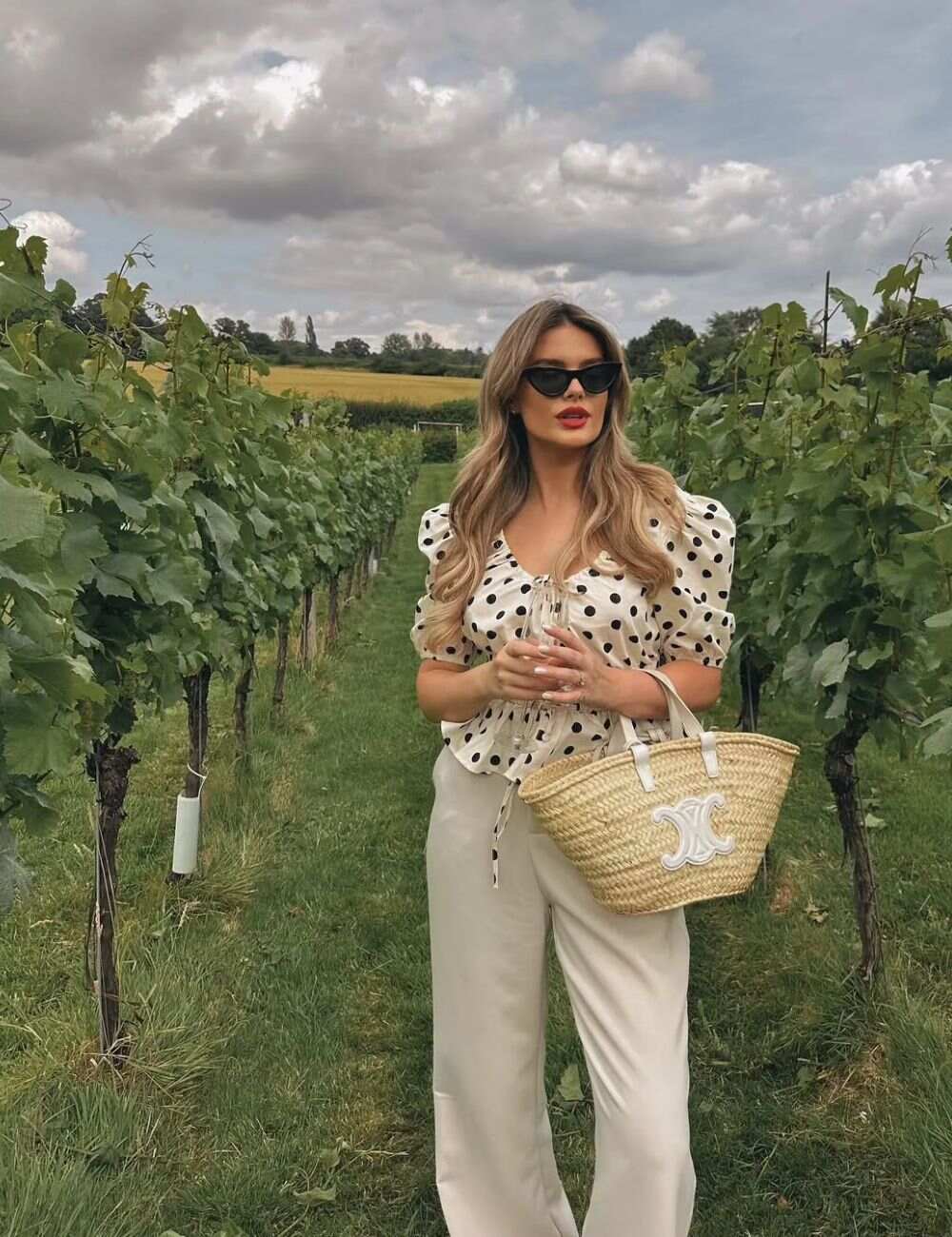 Polka Dot Blouse With Cream Wide-Leg Trousers Polka Dot Blouse With Cream Wide-Leg Trousers — Classy Picnic Outfit