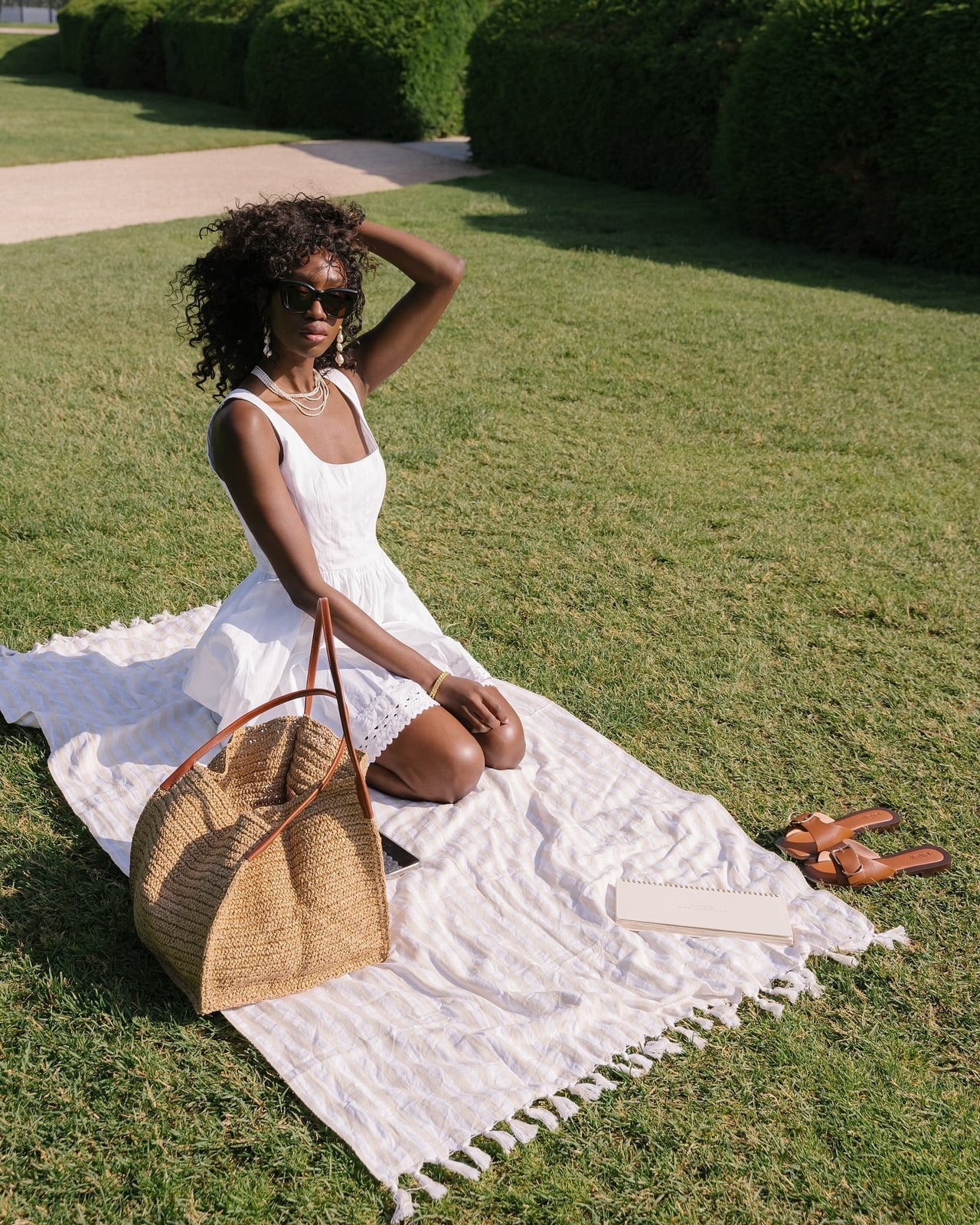 Cotton Eyelet Mini Dress With Straw Tote Cotton Eyelet Mini Dress With Straw Tote — Classy Picnic Outfit