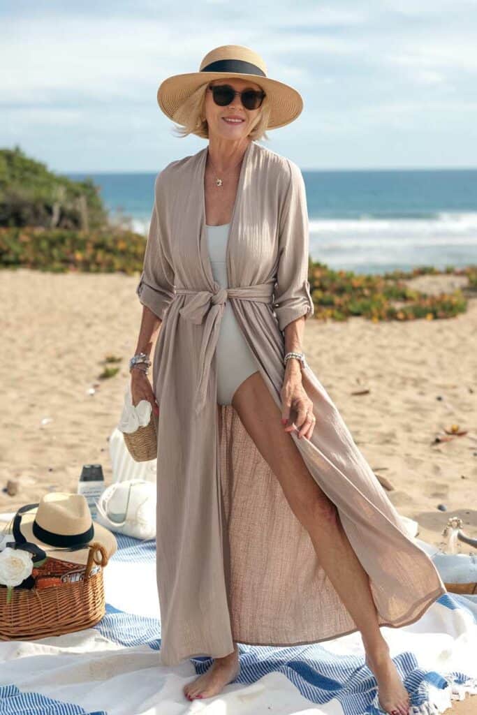 Linen Kimono Cover-Up With Swimsuit Linen Kimono Cover-Up With Swimsuit — Classy Picnic Outfit