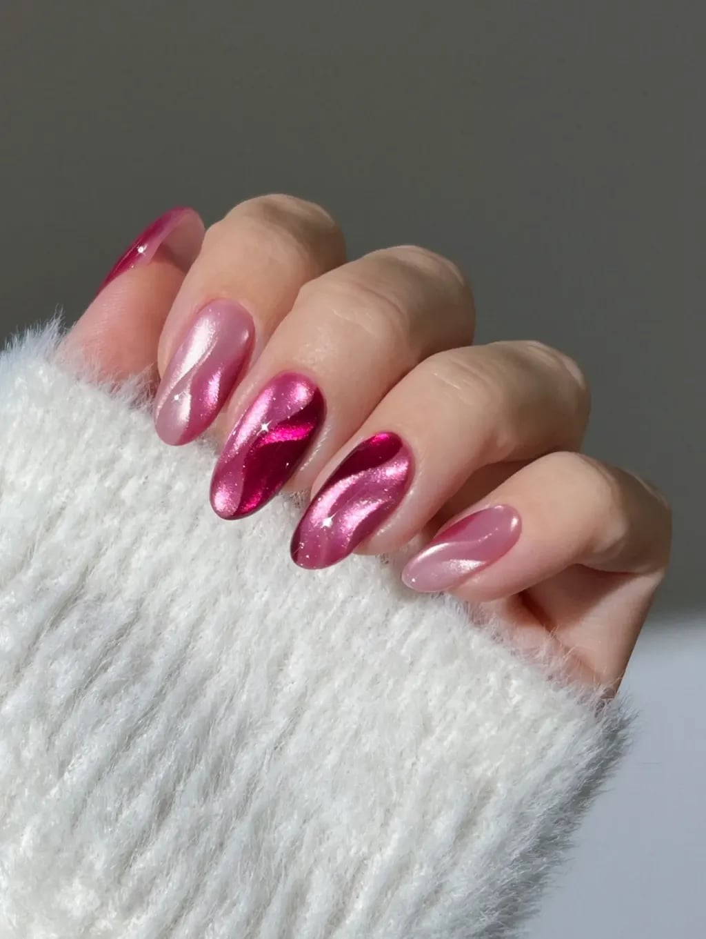 Metallic Pink Swirl Medium Almond Nails — Classy Pink Almond Nails
