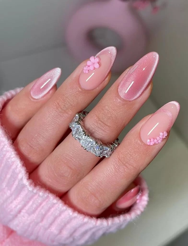 Pink Cat-Eye Long Almond Nails with 3D Flowers — Classy Pink Almond Nails