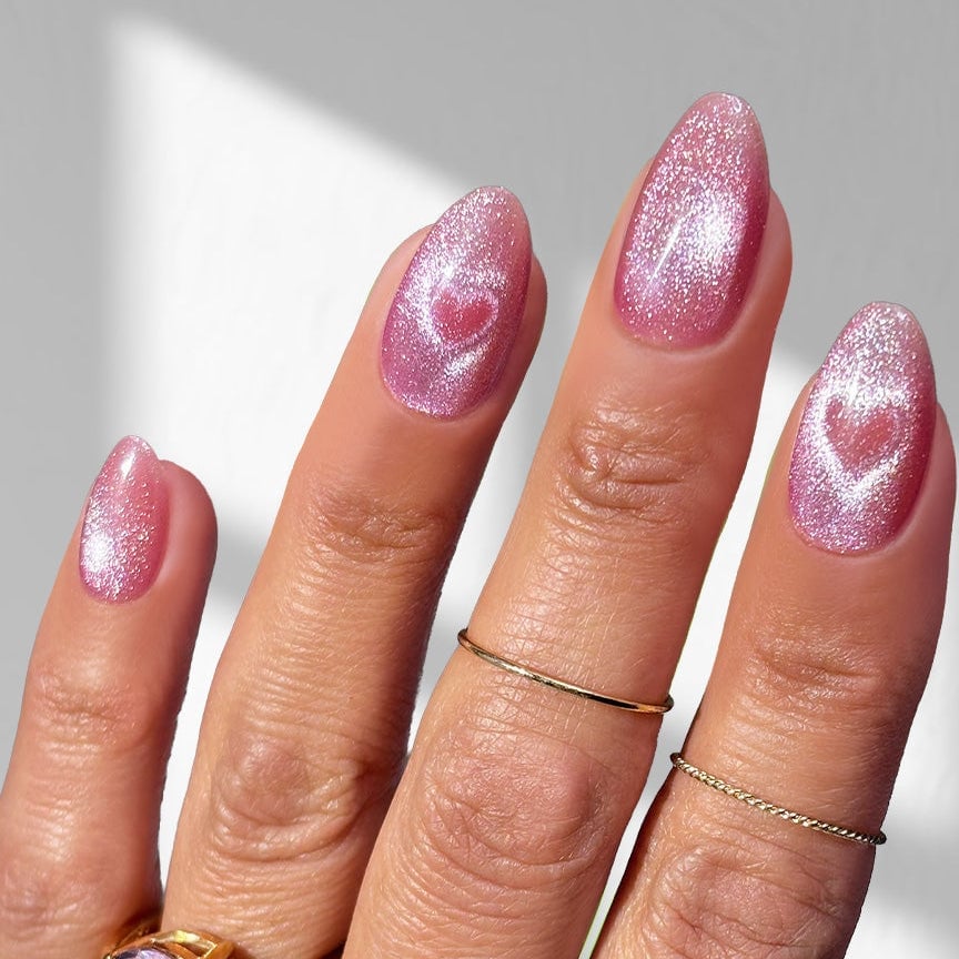 Pink Cat-Eye Medium Almond Nails with Heart — Classy Pink Almond Nails