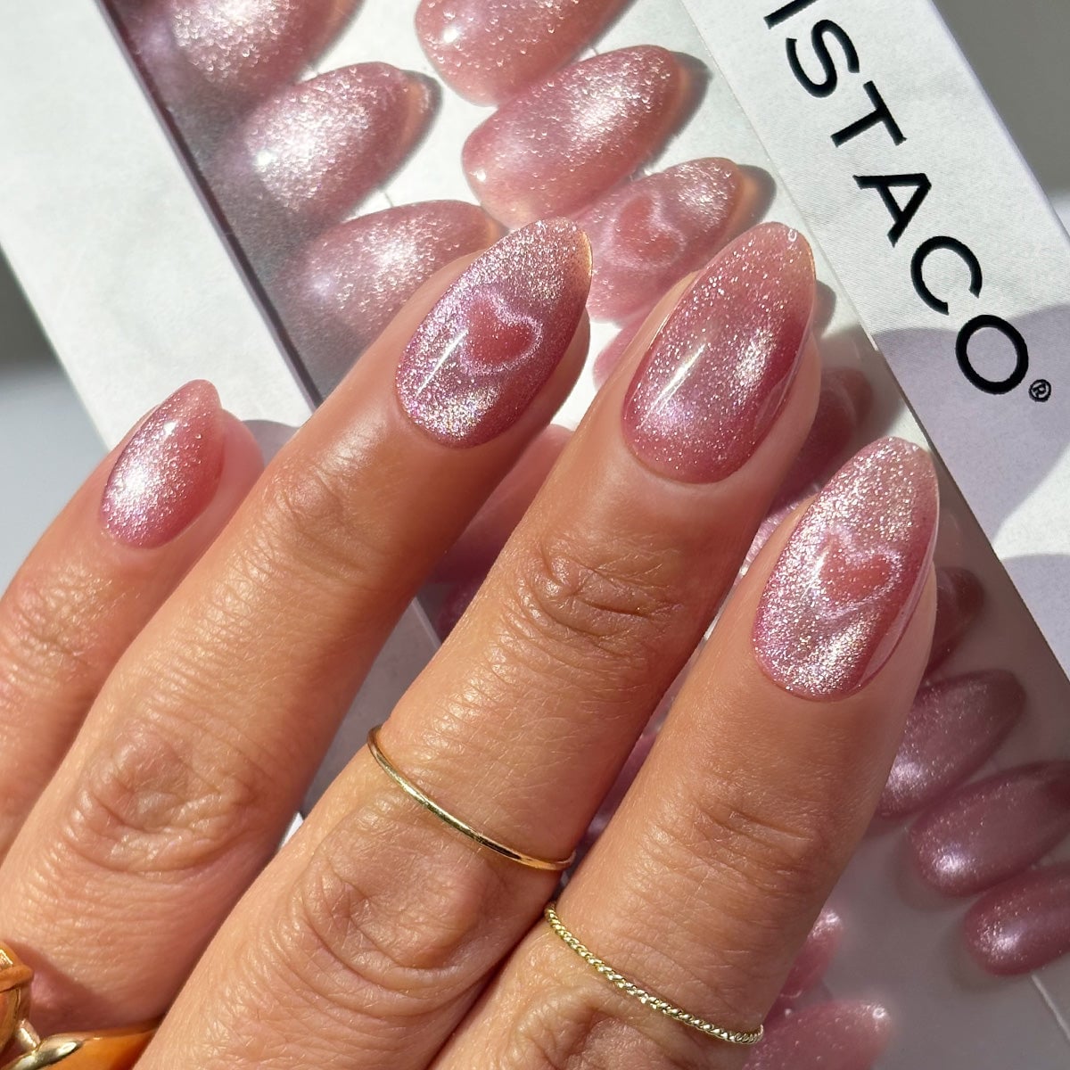 Shimmer Pink Medium Almond Nails with Hearts — Classy Pink Almond Nails
