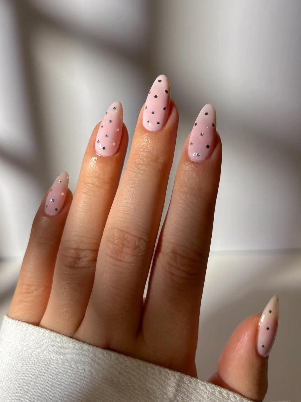 Pale Pink Almond Nails with Silver Dots and Jewels — Classy Pink Almond Nails