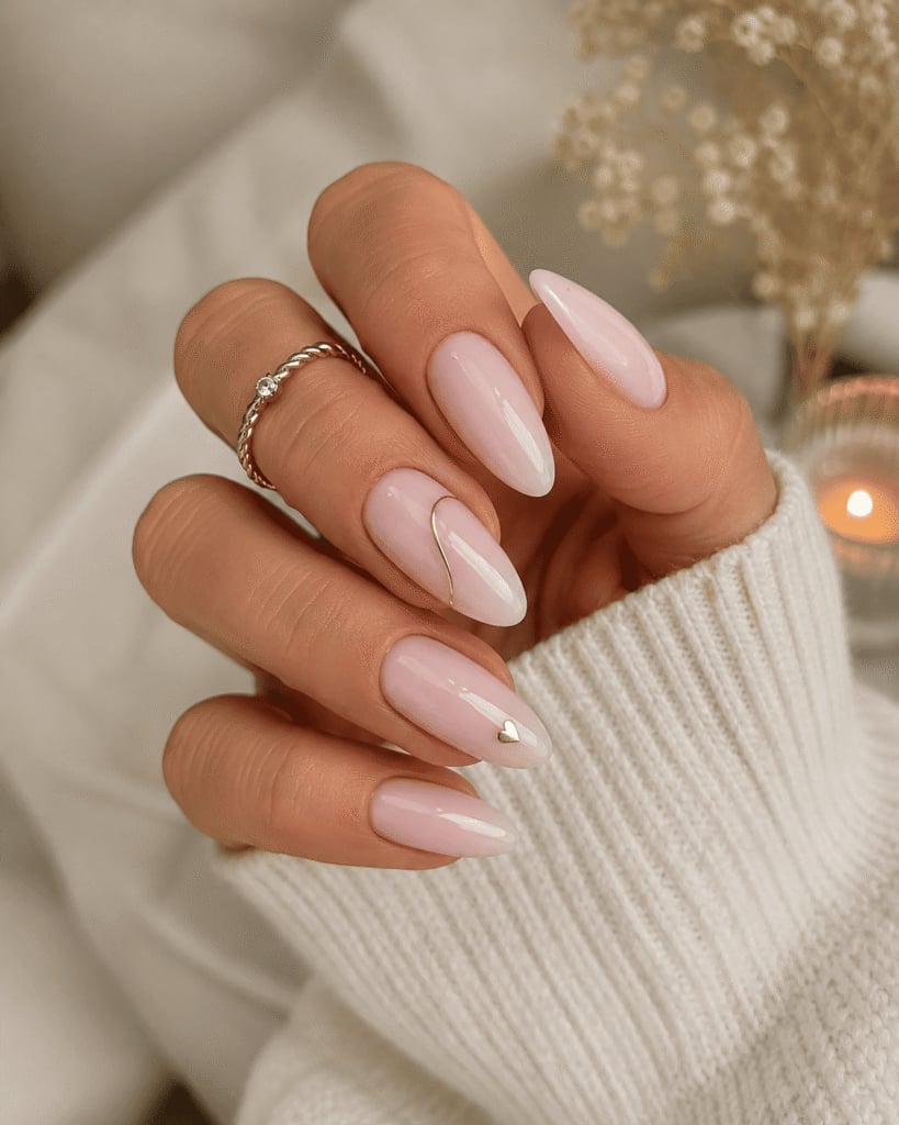 Milky Pink Almond Nails with Gold Line and Heart — Classy Pink Almond Nails