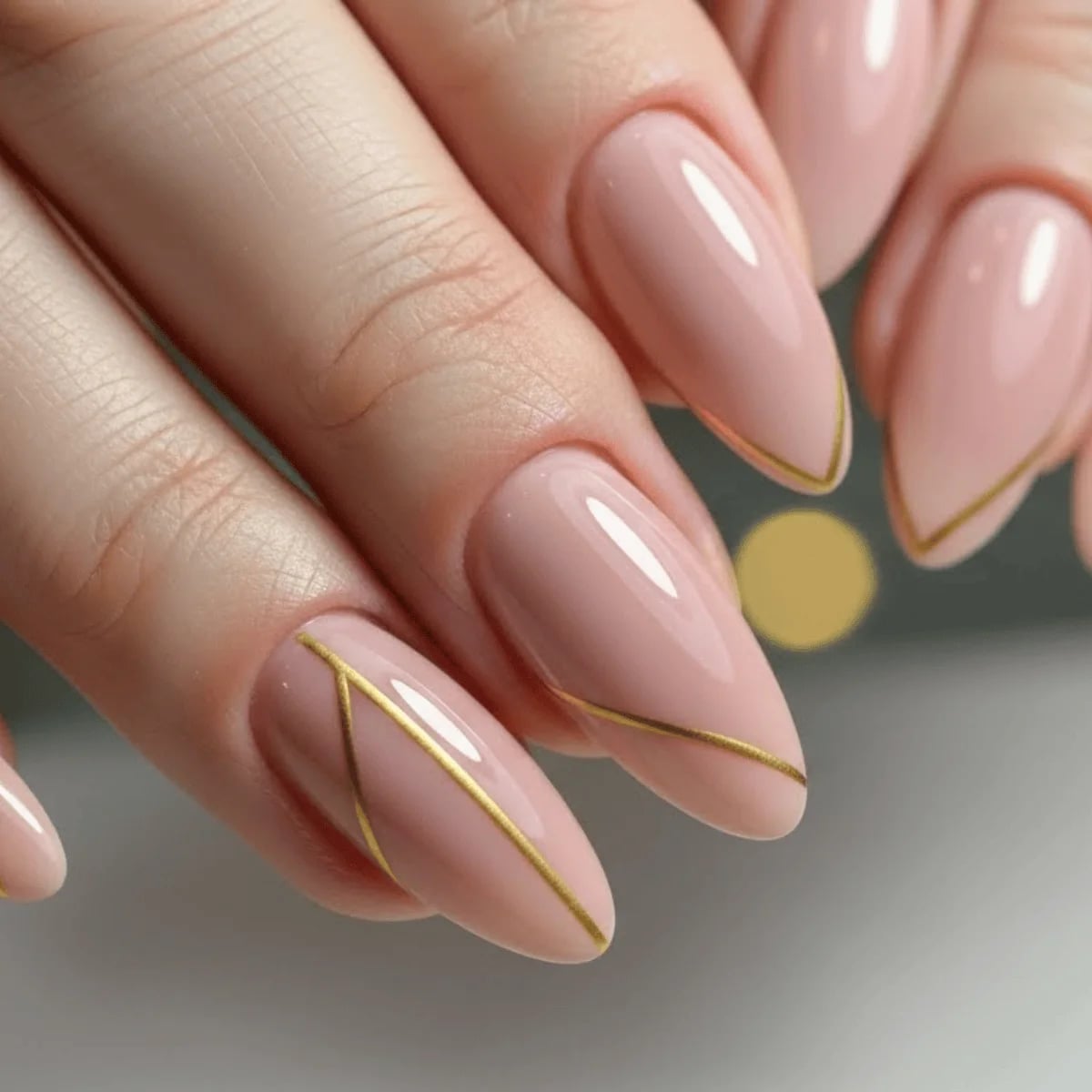 Pale Pink Almond Nails with Thin Gold Lines — Classy Pink Almond Nails