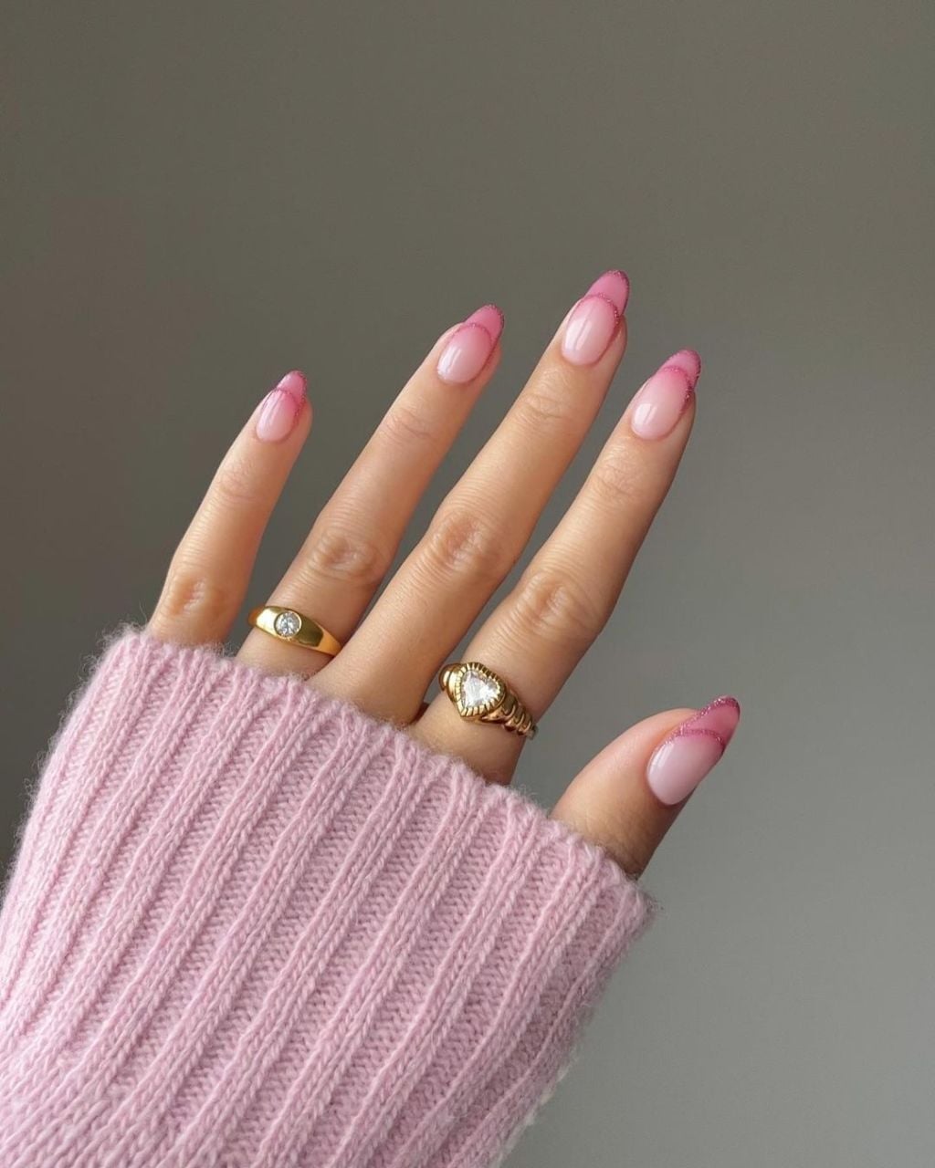 Sheer Pink French Almond Nails with Glitter Line — Classy Pink Almond Nails