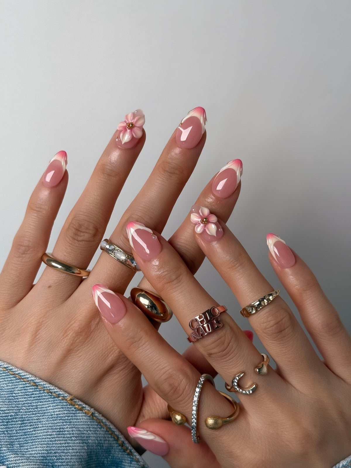 Short Almond French with 3D Pink Flowers — Classy Pink Almond Nails