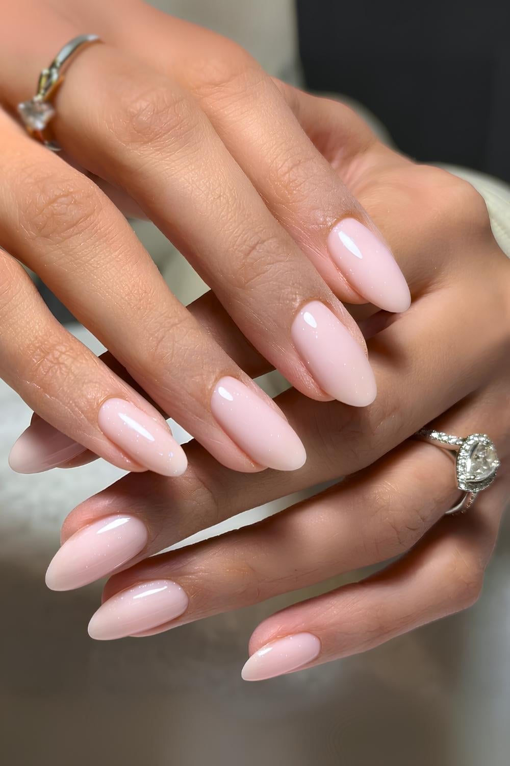 Pale Pink Shimmer Glossy Medium Almond Nails — Classy Pink Almond Nails