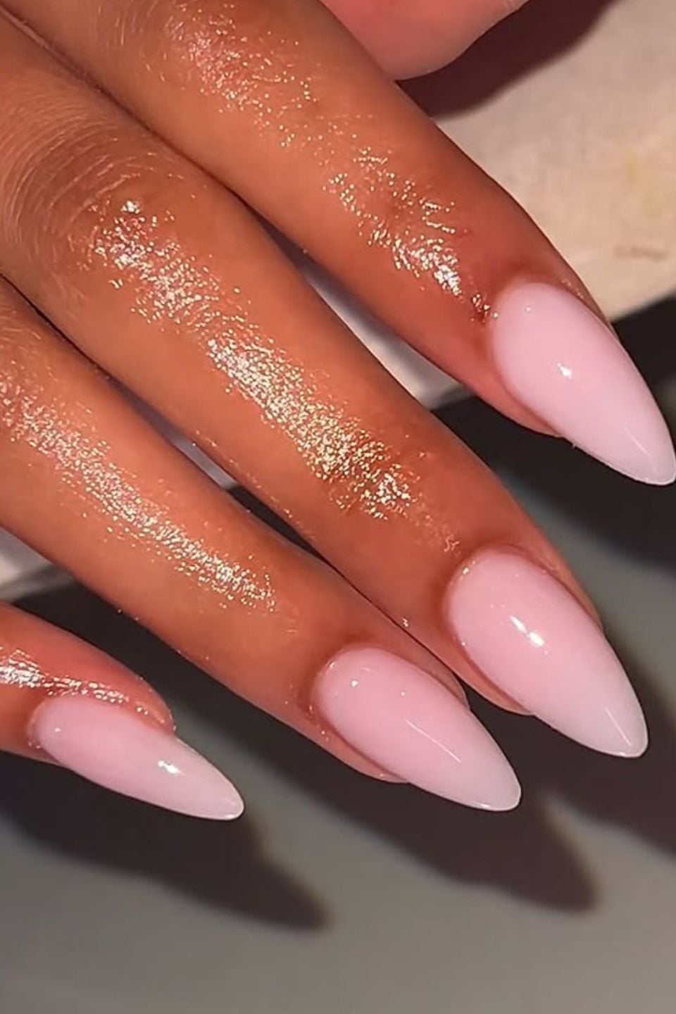 Sheer Milky Pink Glossy Medium Almond Nails — Classy Pink Almond Nails