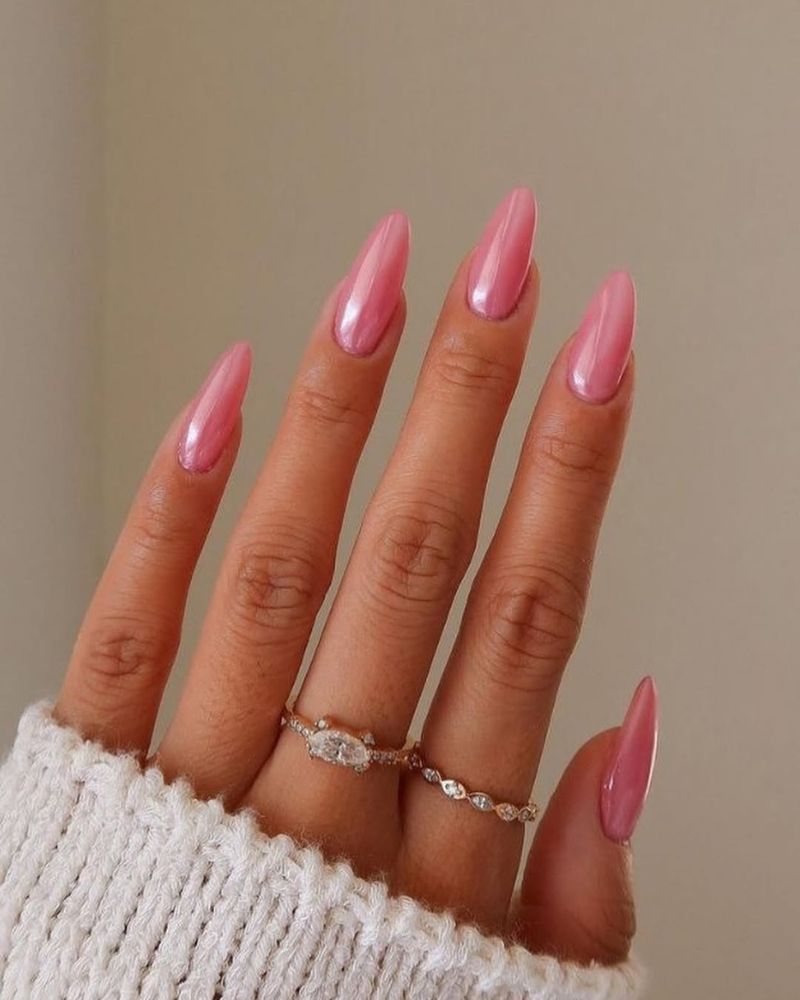 Vibrant Pink Glossy Medium Almond Nails — Classy Pink Almond Nails