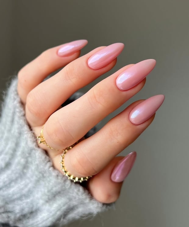 Soft Pink Pearlescent Satin Medium Almond Nails — Classy Pink Almond Nails