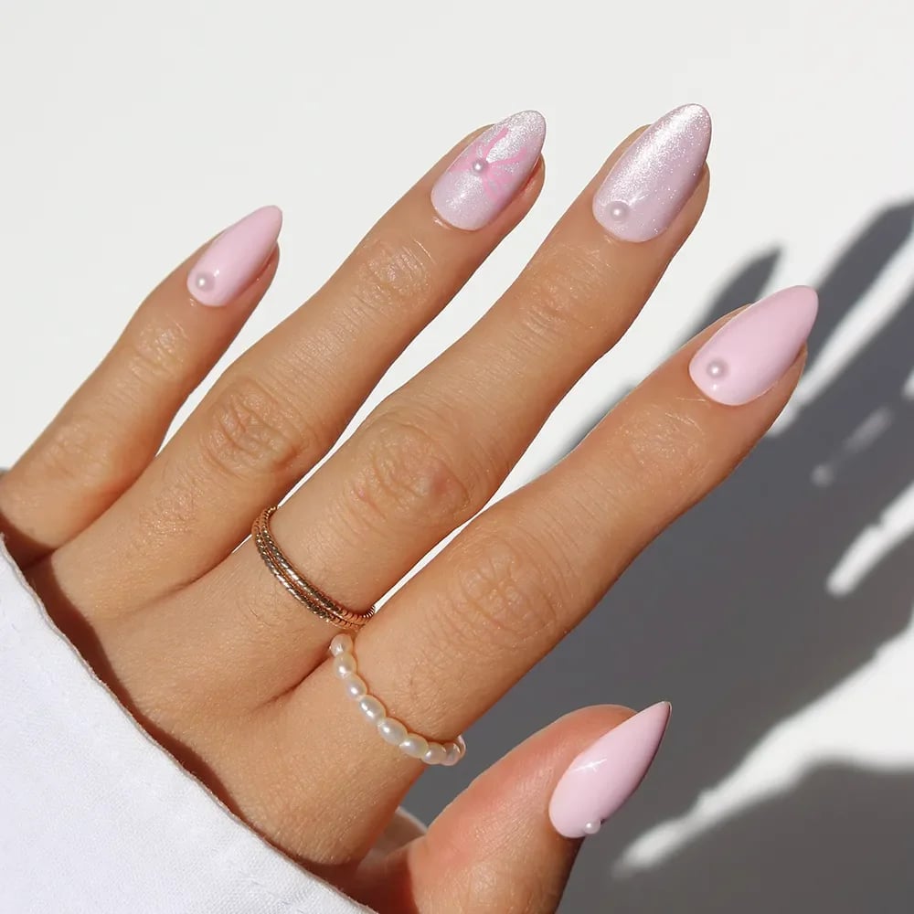 Light Pink Pearlescent Almond Nails with Pearls — Classy Pink Almond Nails