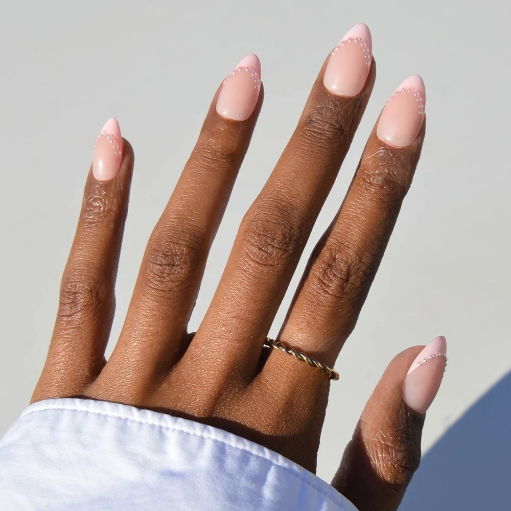 Soft Pink Almond Nails with Pearl Edge Accent — Classy Pink Almond Nails
