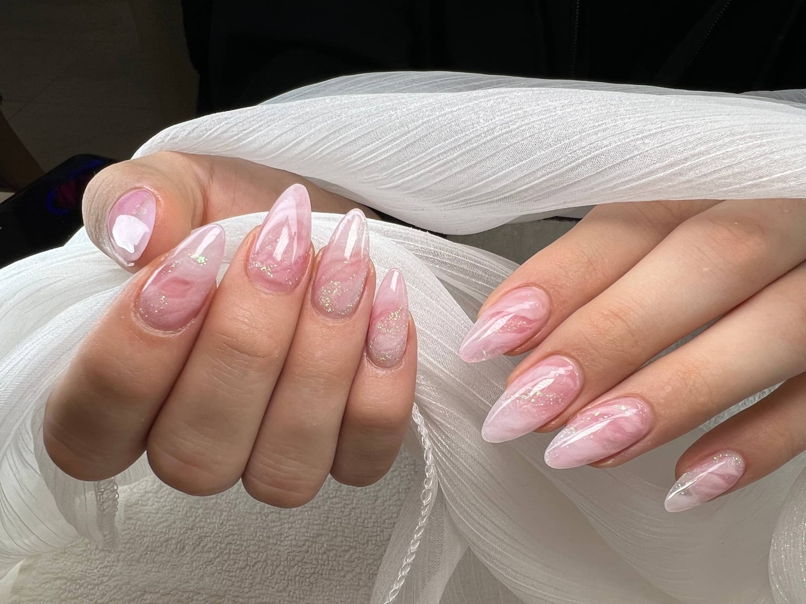 Pink and White Marble Long Almond Nails with Glitter — Classy Pink Almond Nails