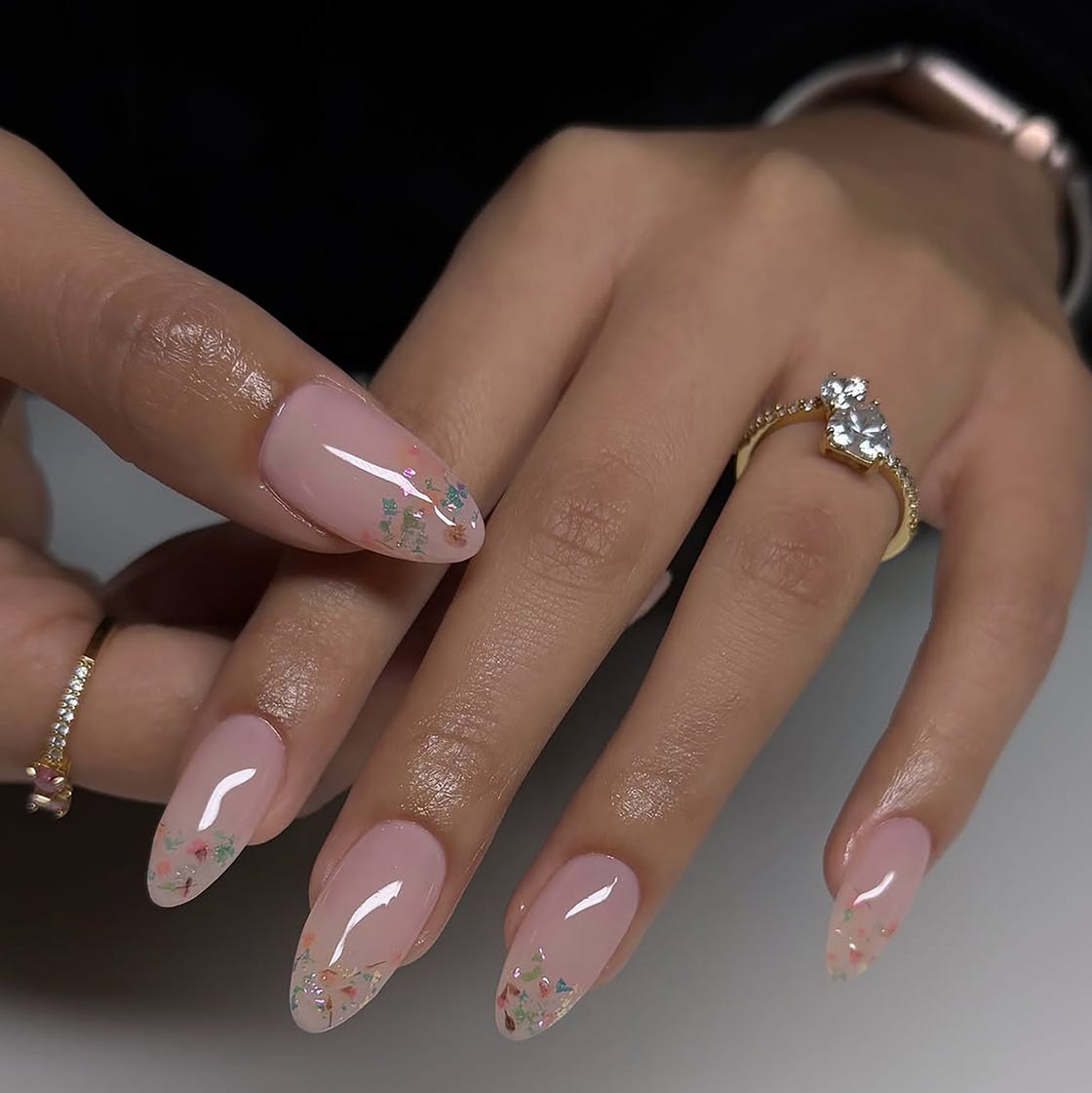 Sheer Pink Almond Nails with Glitter Accents — Classy Pink Almond Nails