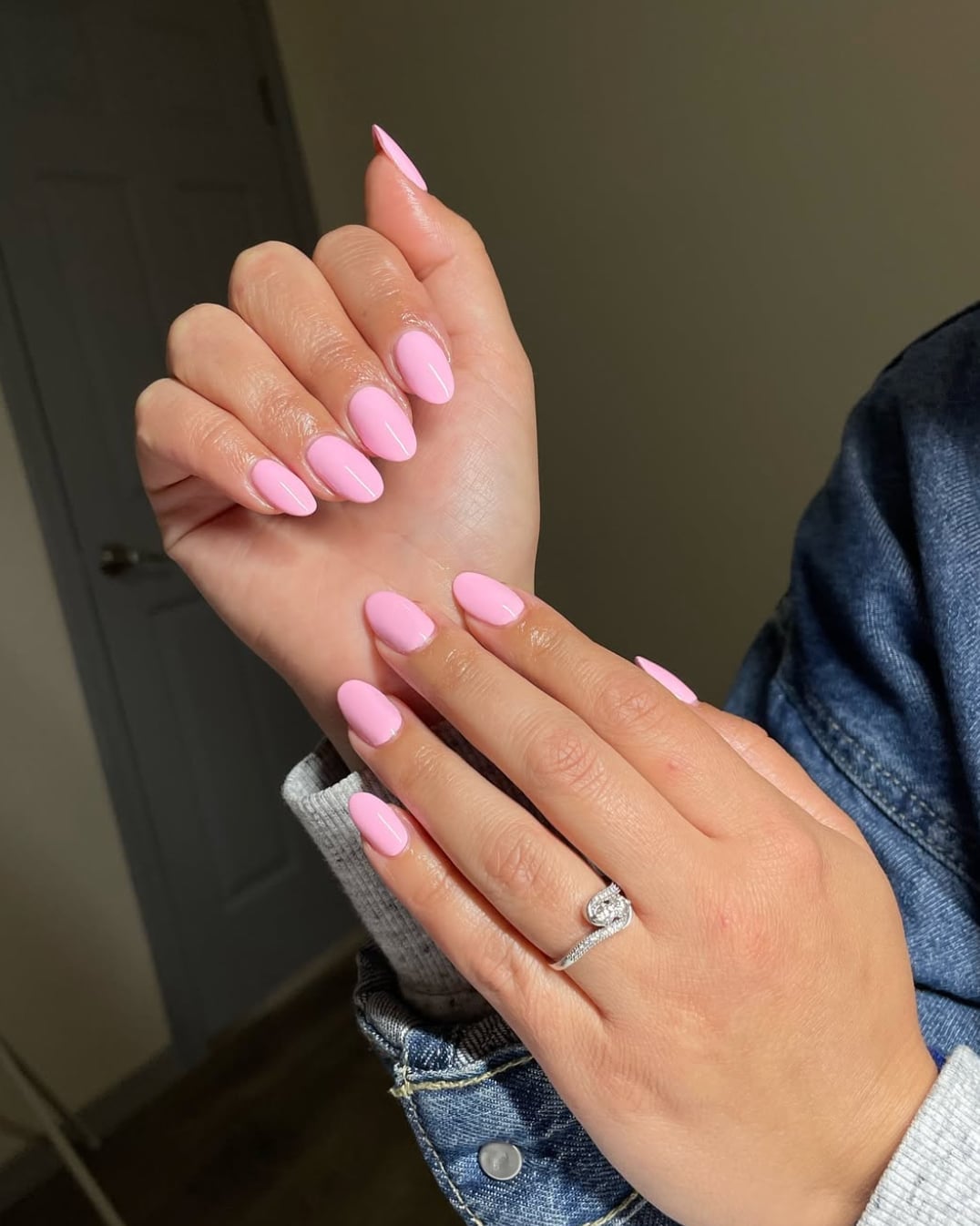 Bright Pink Glossy Medium Almond Nails — Classy Pink Almond Nails