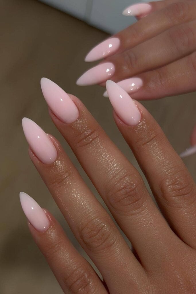 Opaque Soft Pink Glossy Medium Almond Nails, Everyday Version — Classy Pink Almond Nails