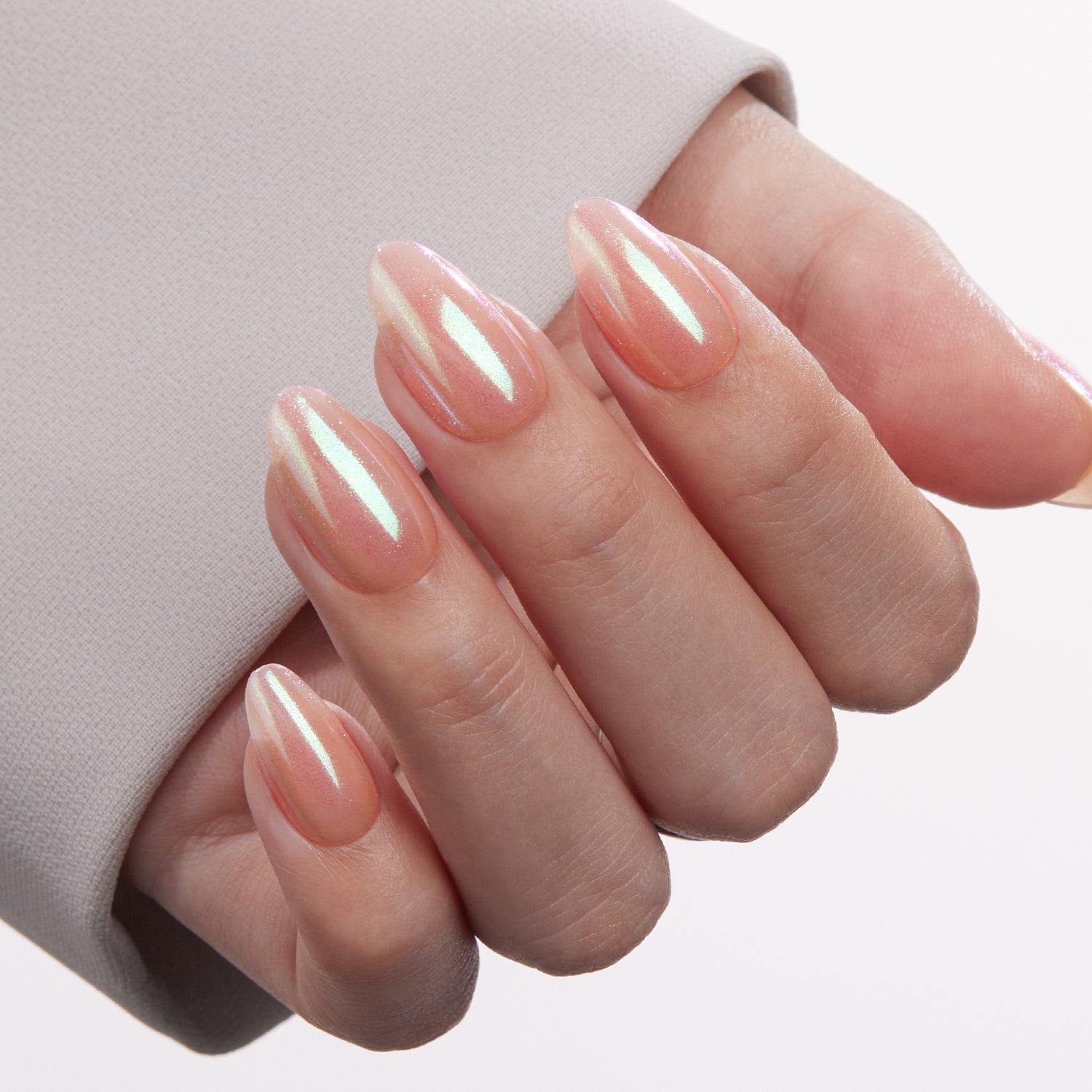 Peachy Pink Iridescent Chrome Medium Almond Nails — Classy Pink Almond Nails