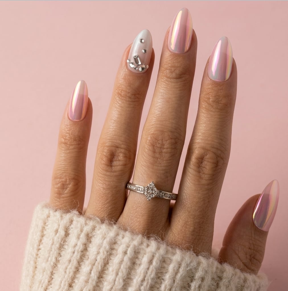 Pink Gold Chrome Medium Almond Nails with Jewels — Classy Pink Almond Nails