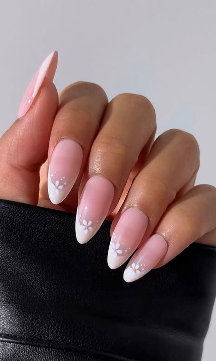 White Floral French Almond Nails White Floral French Almond Nails — Classy Pink French Tip Nails