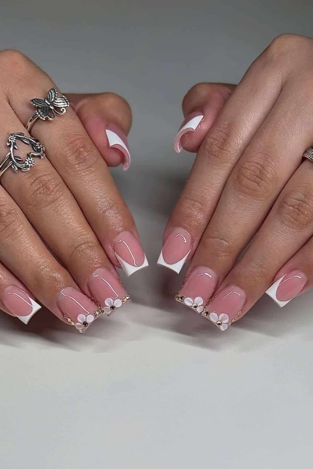 3D Floral Rhinestone French Square Nails 3D Floral Rhinestone French Square Nails — Classy Pink French Tip Nails