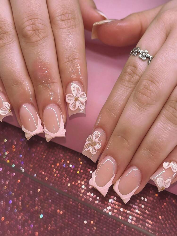 3D White Flower Gold Bead Square Nails 3D White Flower Gold Bead Square Nails — Classy Pink French Tip Nails