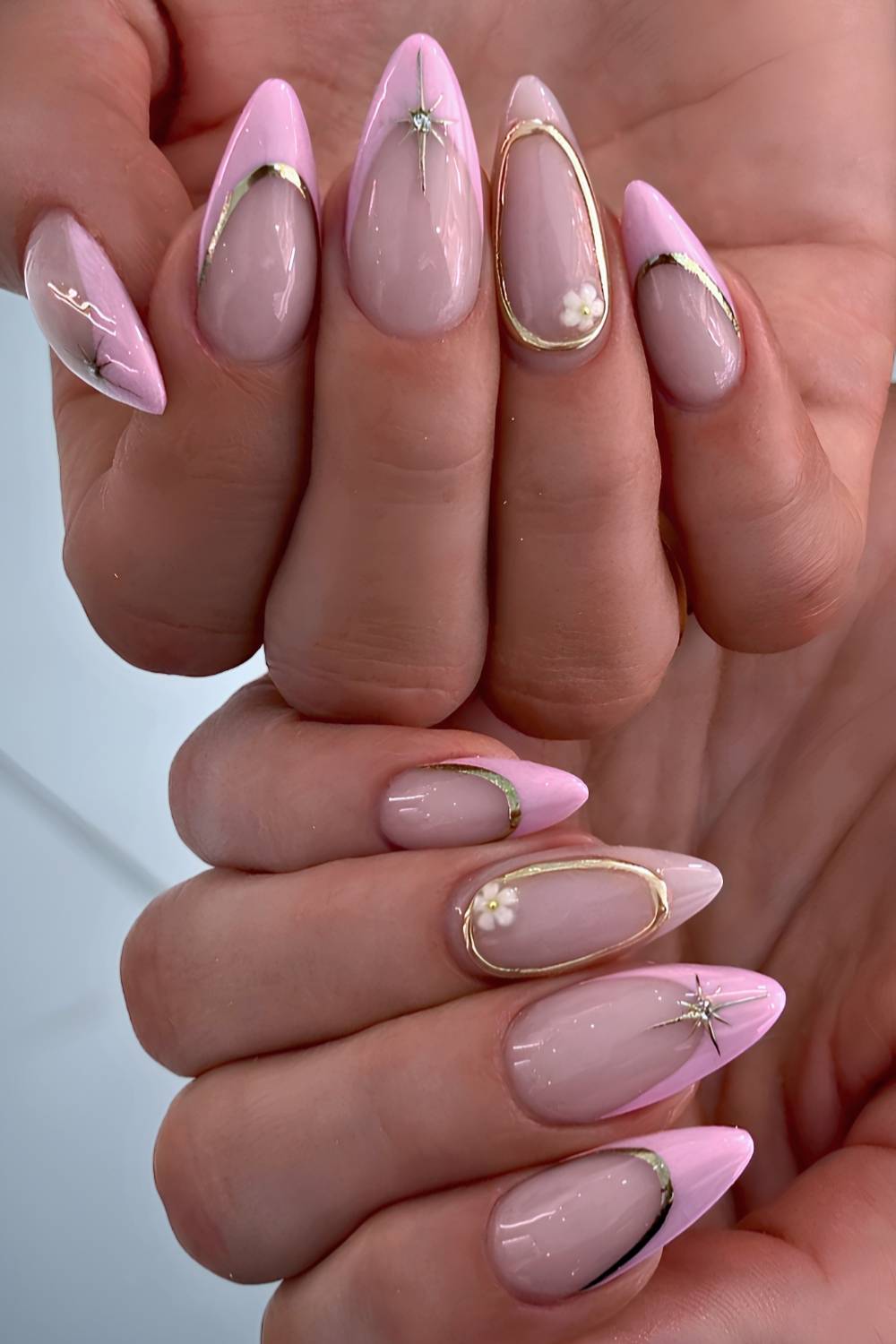 Gold Outline French Sharp Almond Nails Gold Outline French Sharp Almond Nails — Classy Pink French Tip Nails