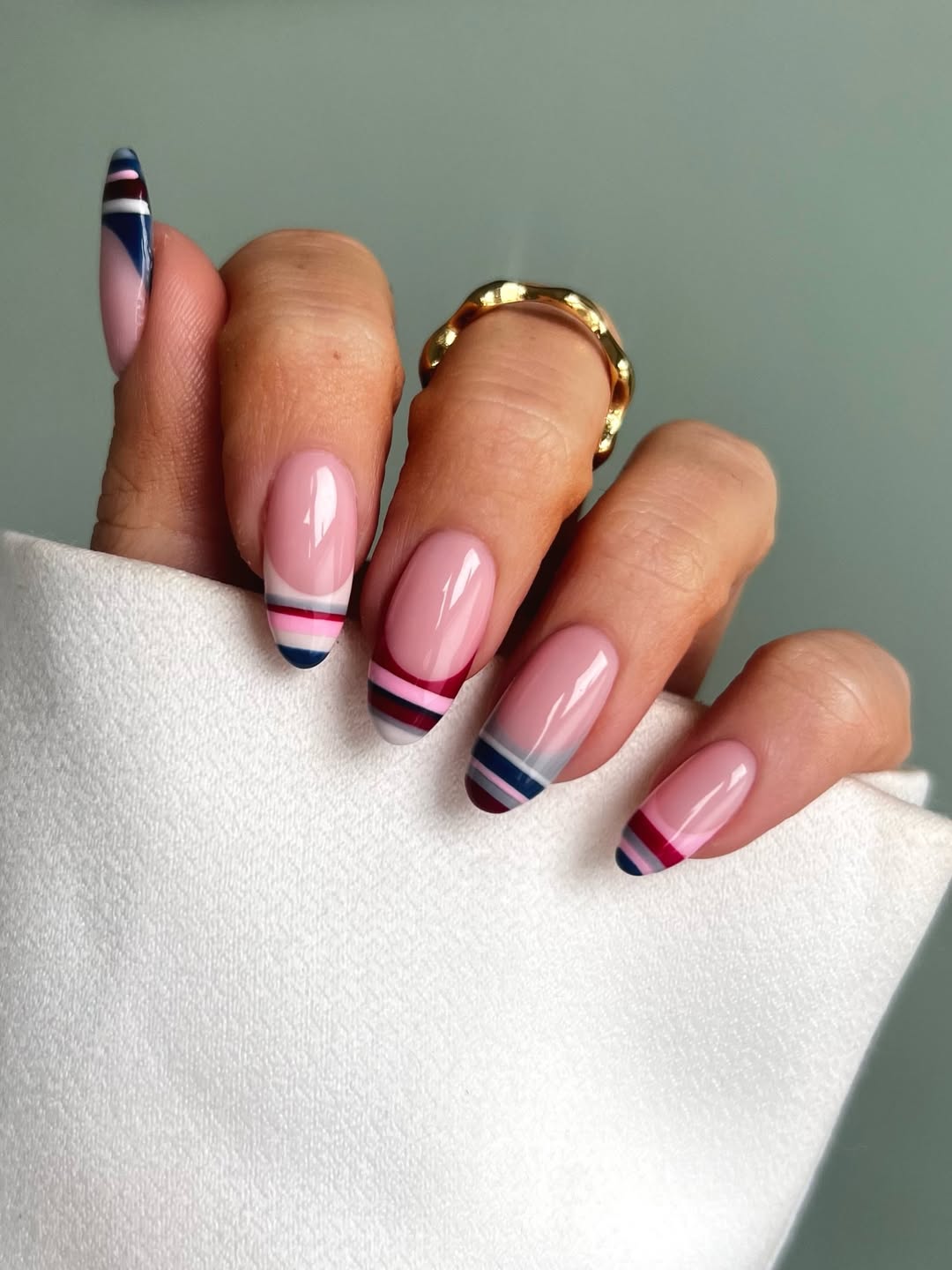 Multi-Color Stripe French Oval Nails Multi-Color Stripe French Oval Nails — Classy Pink French Tip Nails
