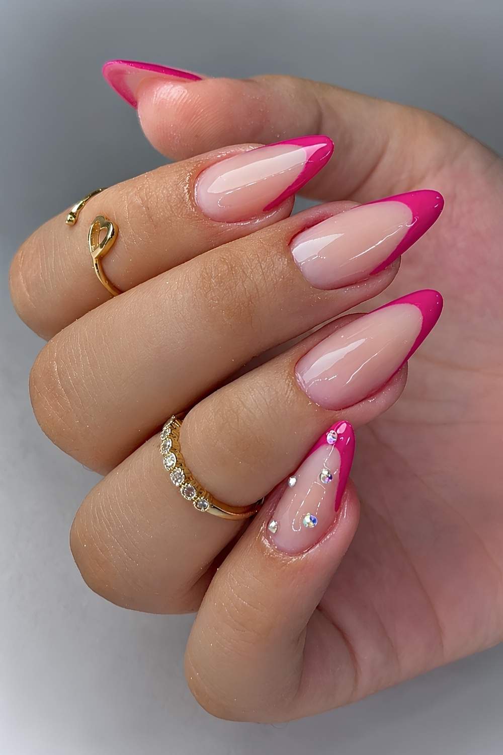 Hot Pink French Almond Nails With Rhinestones Hot Pink French Almond Nails With Rhinestones — Classy Pink French Tip Nails