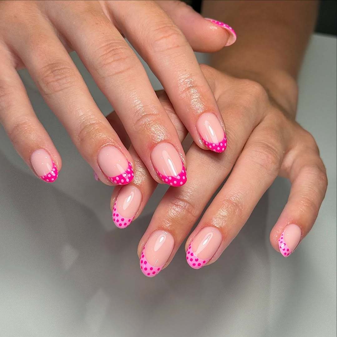 Pink Polka Dot French Oval Nails Pink Polka Dot French Oval Nails — Classy Pink French Tip Nails