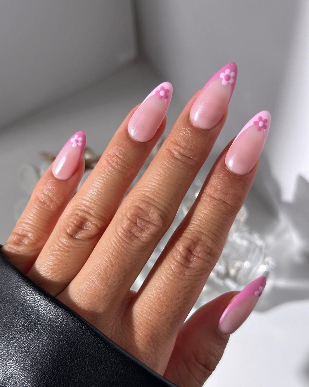 Pink Floral Bright Pink French Almond Nails Pink Floral Bright Pink French Almond Nails — Classy Pink French Tip Nails