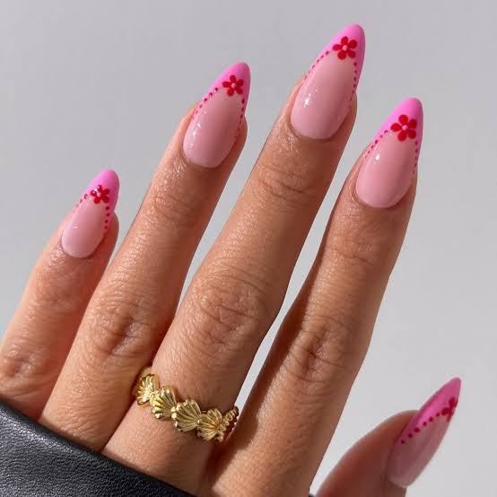 Red Floral Pink French Short Almond Nails Red Floral Pink French Short Almond Nails — Classy Pink French Tip Nails