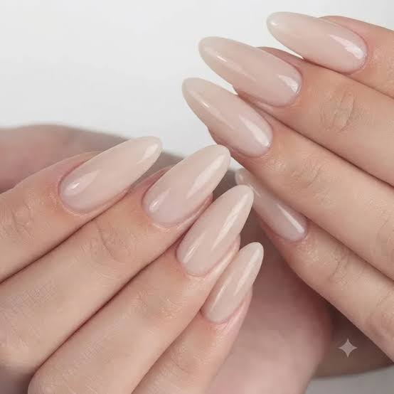 Sheer Milky Nude Glossy Medium Almond Nails Sheer Milky Nude Glossy Medium Almond Nails — Classy Plain Nails