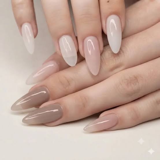 Sheer Nude Beige Taupe Glossy Medium Almond Nails, Close-Up Take Sheer Nude Beige Taupe Glossy Medium Almond Nails, Close-Up Take — Classy Plain Nails