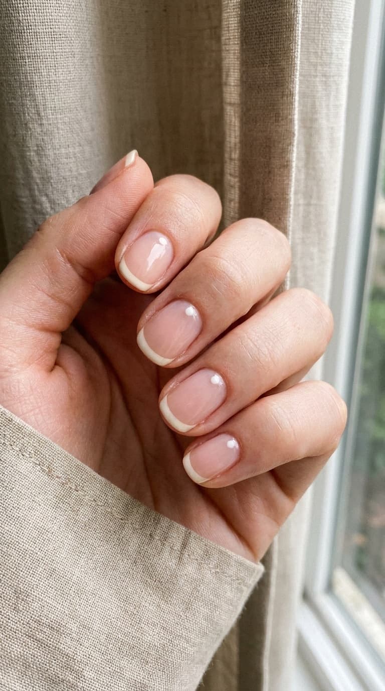 Thin White French Tips Glossy Short Round Nails Thin White French Tips Glossy Short Round Nails — Classy Plain Nails