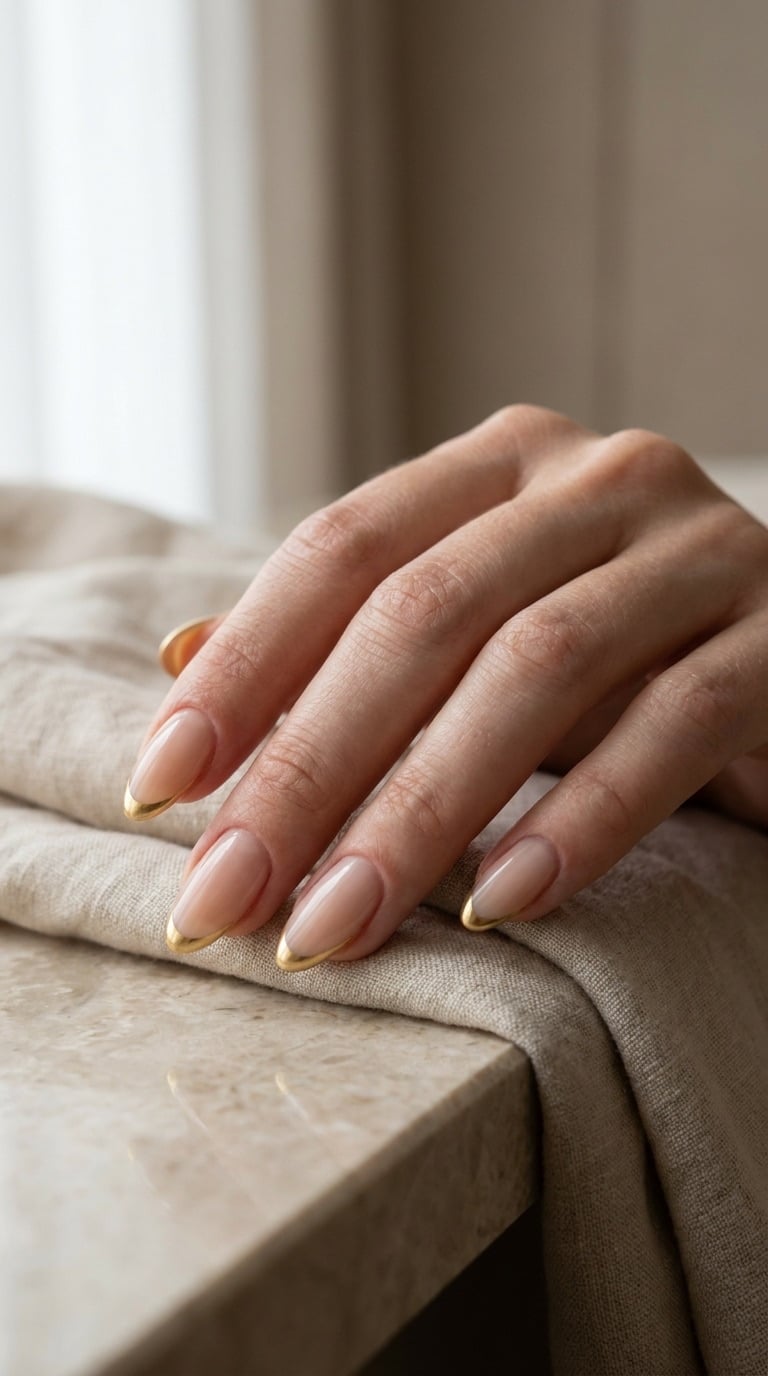 Metallic Gold French Tip Glossy Short Almond Nails Metallic Gold French Tip Glossy Short Almond Nails — Classy Plain Nails