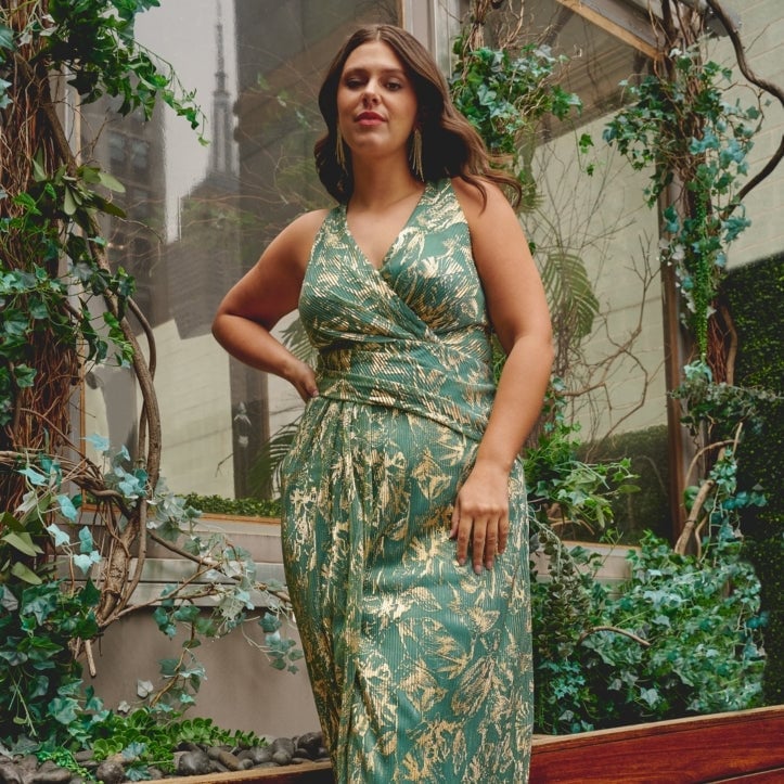 Green and Gold Floral Halter Neck Dress Green and Gold Floral Halter Neck Dress — Classy Plus Size Dresses
