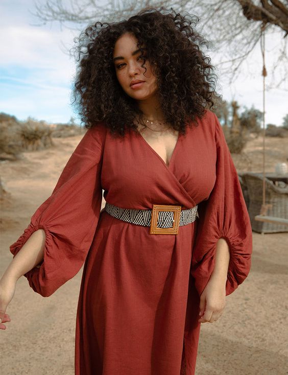 Rust Linen Blend Wrap Dress with Voluminous, Office-Safe Version Rust Linen Blend Wrap Dress with Voluminous, Office-Safe Version — Classy Plus Size Dresses