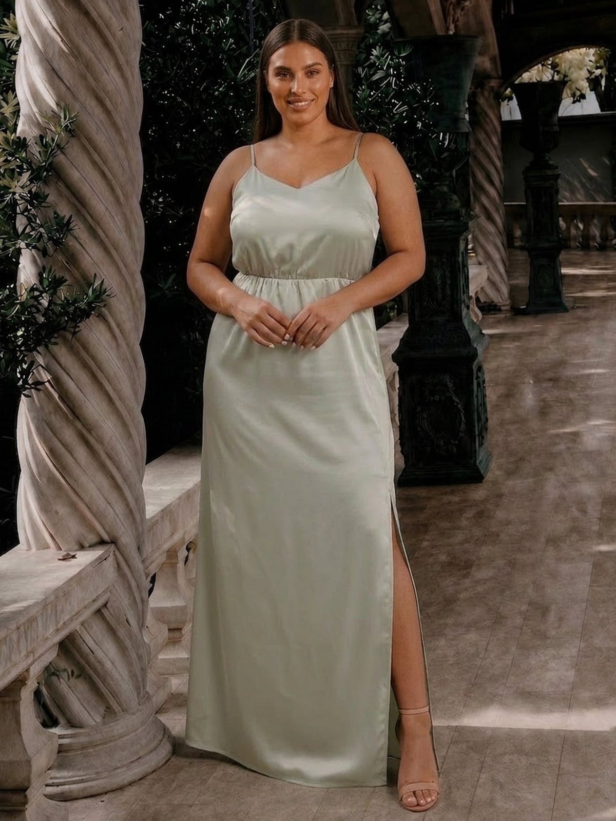 Pale Green Satin A-Line Maxi Dress With Strappy Heeled Sandals Pale Green Satin A-Line Maxi Dress With Strappy Heeled Sandals — Classy Plus Size Dresses