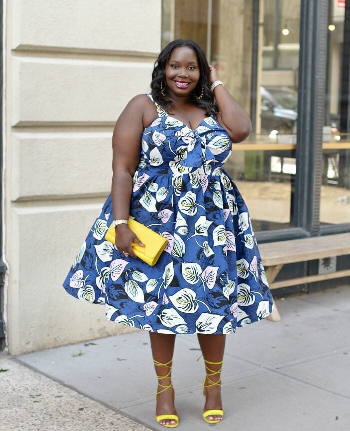 Blue Floral Fit-and-Flare Midi Dress With Printed Woven Fabric Blue Floral Fit-and-Flare Midi Dress With Printed Woven Fabric — Classy Plus Size Dresses